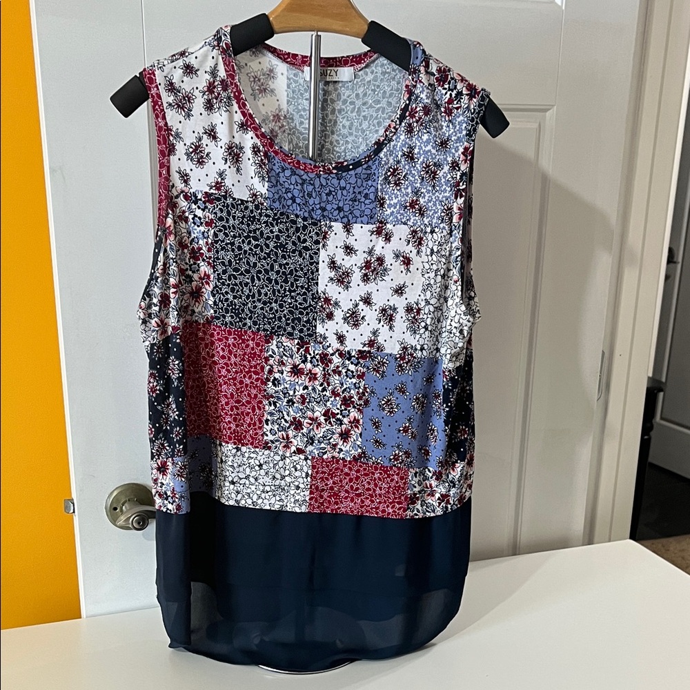 Suzy Shier Patchwork Sleeveless Blouse - Red, Blue, White